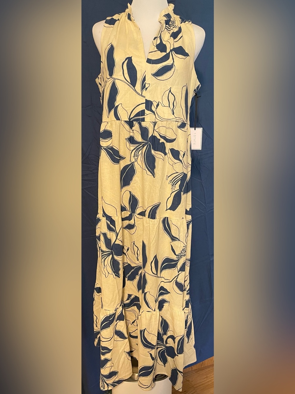 1.STATE Cream and Navy Floral Tiered Maxi Dress